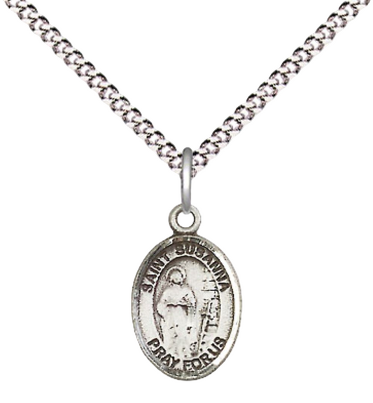 Small Sized Women's .925 Sterling Silver Saint St. Susanna Medal Pendant on 18 Inch Rhodium Plated Lite Curb Brass Chain with Lobster Claw Clasp, Catholic Religious Necklace - Made in USA- Velvet Gift Box