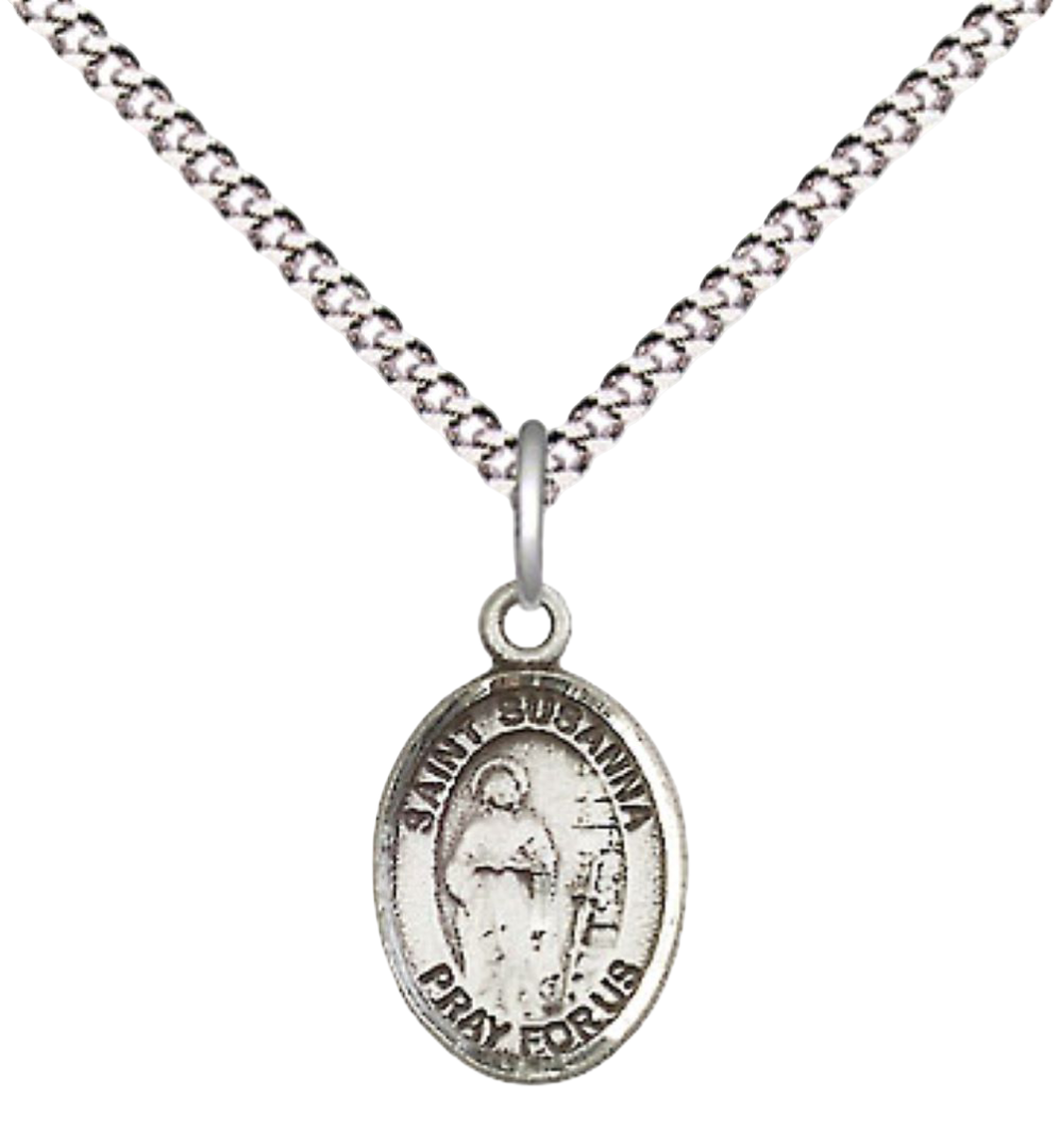 Small Sized Women's Pewter Saint St. Susanna Medal Pendant on 18 Inch Rhodium Plated Lite Curb Brass Chain with Lobster Claw Clasp, Catholic Religious Necklace - Made in USA- Velvet Gift Box