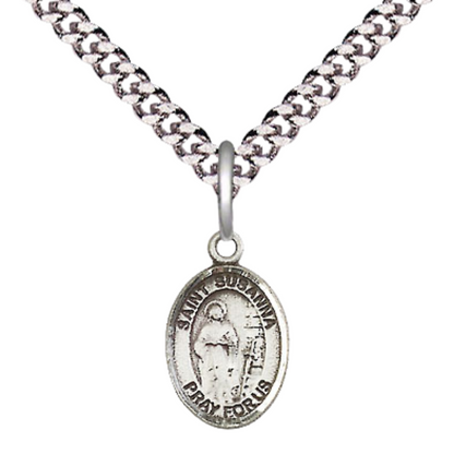 Small Sized Men's .925 Sterling Silver Saint St. Susanna Medal Pendant on 24 Inch Endless Rhodium Plated Heavy Curb Brass Chain, Catholic Religious Necklace - Made in USA- Deluxe Velvet Gift Box