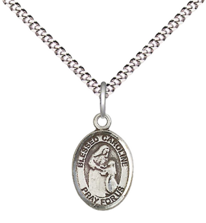 Small Sized Women's Pewter Blessed Caroline Gerhardinger Medal Pendant on 18 Inch Rhodium Plated Lite Curb Brass Chain with Lobster Claw Clasp, Catholic Religious Necklace - Made in USA- Velvet Gift Box