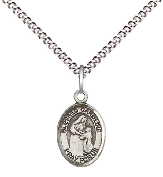 Small Sized Women's Pewter Blessed Caroline Gerhardinger Medal Pendant on 18 Inch Rhodium Plated Lite Curb Brass Chain with Lobster Claw Clasp, Catholic Religious Necklace - Made in USA- Velvet Gift Box