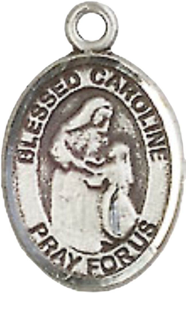 Small Sized Women's Pewter Blessed Caroline Gerhardinger Medal Pendant on 18 Inch Rhodium Plated Lite Curb Brass Chain with Lobster Claw Clasp, Catholic Religious Necklace - Made in USA- Velvet Gift Box
