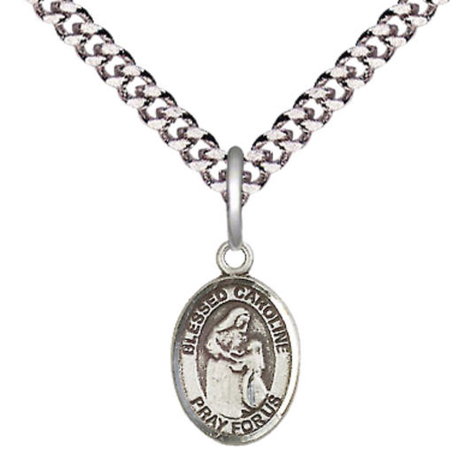 Small Sized Men's Pewter Blessed Caroline Gerhardinger Medal Pendant on 24 Inch Endless Rhodium Plated Heavy Curb Brass Chain, Catholic Religious Necklace - Made in USA- Deluxe Velvet Gift Box