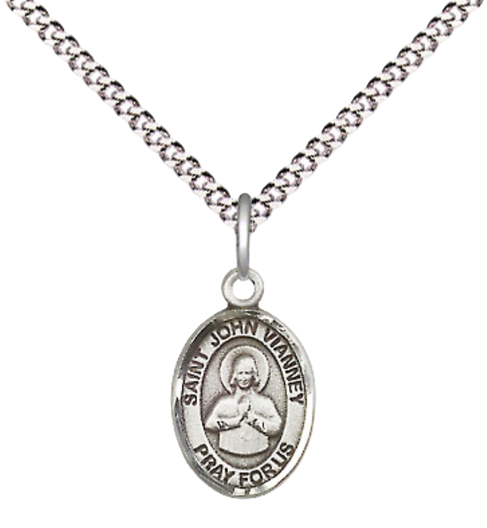 Small Sized Women's .925 Sterling Silver Saint St. John Vianney Medal Pendant on 18 Inch Rhodium Plated Lite Curb Brass Chain with Lobster Claw Clasp, Catholic Religious Necklace - Made in USA- Velvet Gift Box