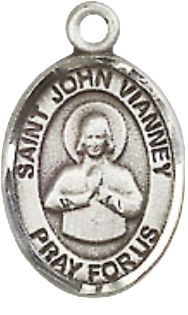 Small Sized Men's Pewter Saint St. John Vianney Medal Pendant on 24 Inch Endless Rhodium Plated Heavy Curb Brass Chain, Catholic Religious Necklace - Made in USA- Deluxe Velvet Gift Box