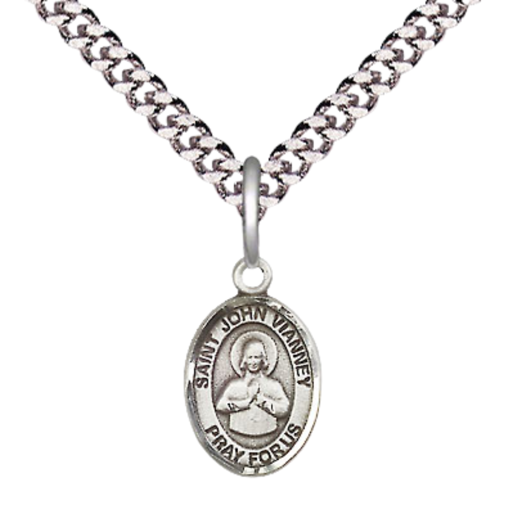 Small Sized Men's .925 Sterling Silver Saint St. John Vianney Medal Pendant on 24 Inch Endless Rhodium Plated Heavy Curb Brass Chain, Catholic Religious Necklace - Made in USA- Deluxe Velvet Gift Box