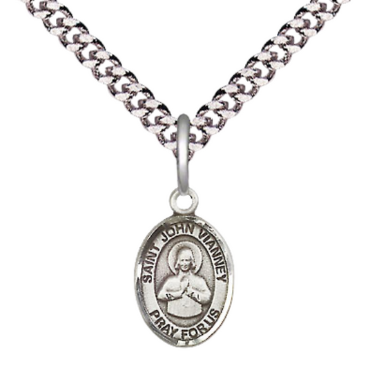 Small Sized Men's .925 Sterling Silver Saint St. John Vianney Medal Pendant on 24 Inch Endless Rhodium Plated Heavy Curb Brass Chain, Catholic Religious Necklace - Made in USA- Deluxe Velvet Gift Box