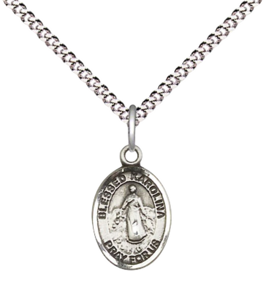 Small Sized Women's Pewter Blessed Karolina Kozkowna Medal Pendant on 18 Inch Rhodium Plated Lite Curb Brass Chain with Lobster Claw Clasp, Catholic Religious Necklace - Made in USA- Velvet Gift Box