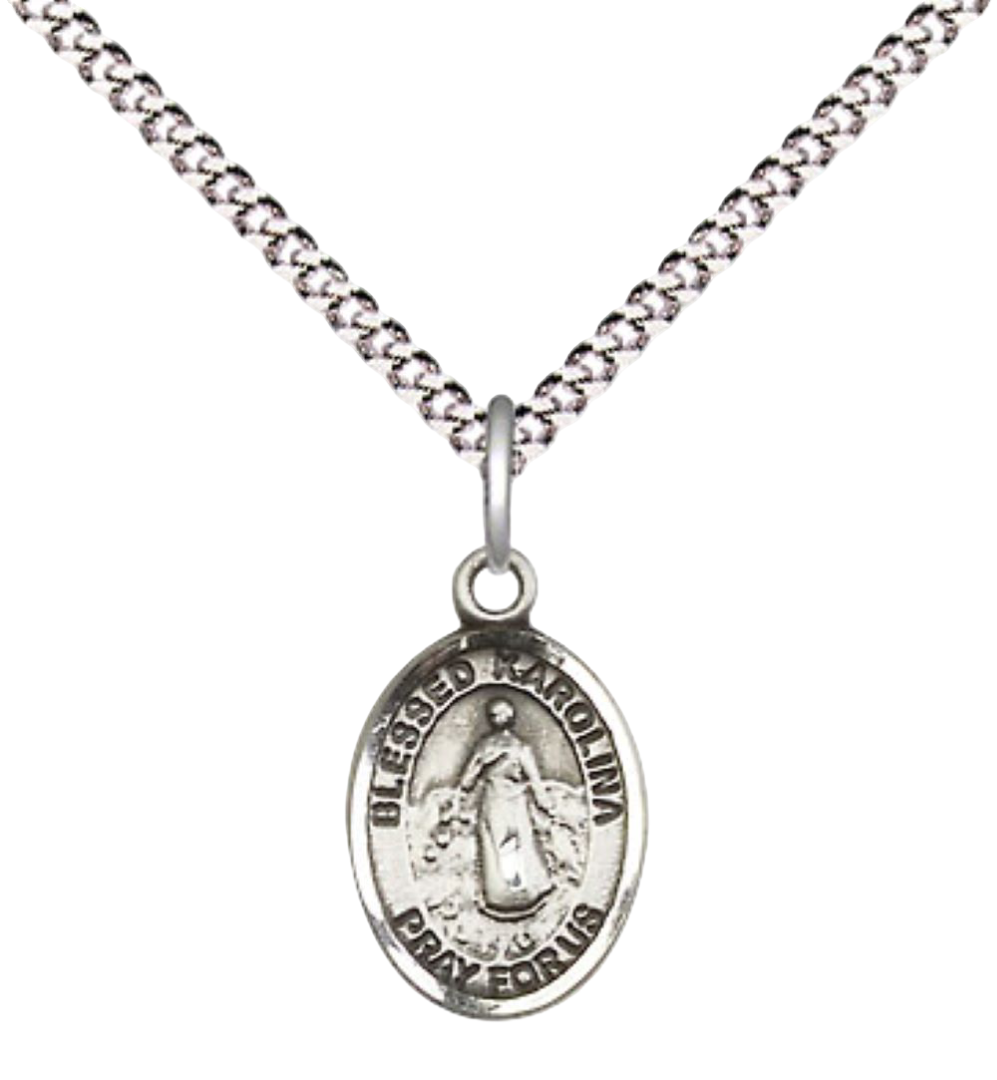Small Sized Women's .925 Sterling Silver Blessed Karolina Kozkowna Medal Pendant on 18 Inch Rhodium Plated Lite Curb Brass Chain with Lobster Claw Clasp, Catholic Religious Necklace - Made in USA- Velvet Gift Box