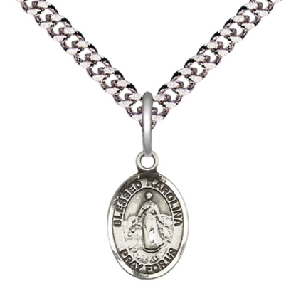 Small Sized Men's .925 Sterling Silver Blessed Karolina Kozkowna Medal Pendant on 24 Inch Endless Rhodium Plated Heavy Curb Brass Chain, Catholic Religious Necklace - Made in USA- Deluxe Velvet Gift Box