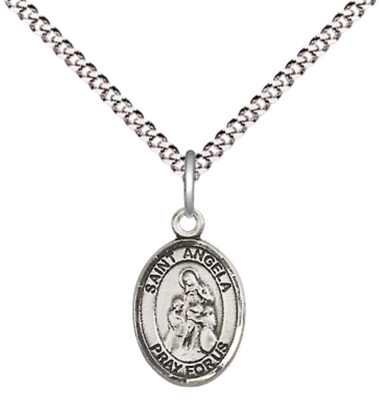 Small Sized Women's Pewter Saint St. Angela Merici Medal Pendant on 18 Inch Rhodium Plated Lite Curb Brass Chain with Lobster Claw Clasp, Catholic Religious Necklace - Made in USA- Velvet Gift Box