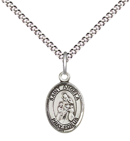 Small Sized Women's .925 Sterling Silver Saint St. Angela Merici Medal Pendant on 18 Inch Rhodium Plated Lite Curb Brass Chain with Lobster Claw Clasp, Catholic Religious Necklace - Made in USA- Velvet Gift Box