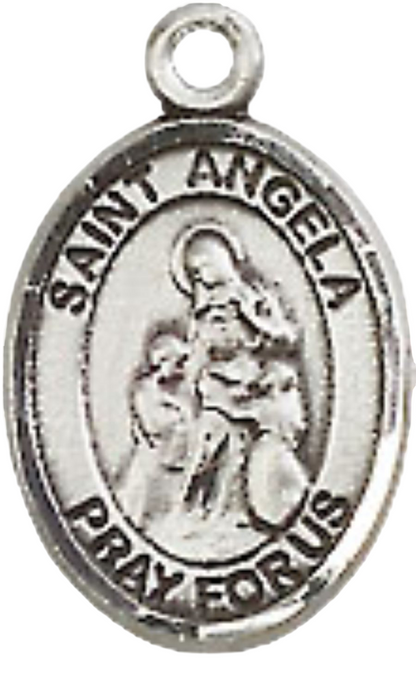 Small Sized Men's Pewter Saint St. Angela Merici Medal Pendant on 24 Inch Endless Rhodium Plated Heavy Curb Brass Chain, Catholic Religious Necklace - Made in USA- Deluxe Velvet Gift Box