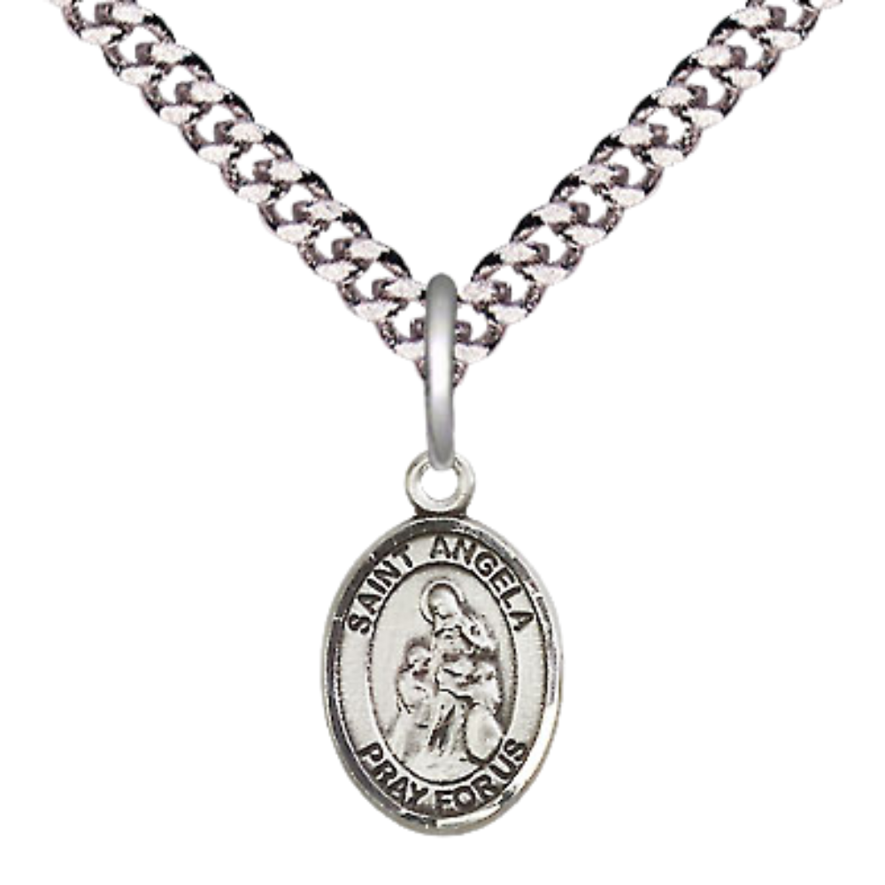 Small Sized Men's Pewter Saint St. Angela Merici Medal Pendant on 24 Inch Endless Rhodium Plated Heavy Curb Brass Chain, Catholic Religious Necklace - Made in USA- Deluxe Velvet Gift Box