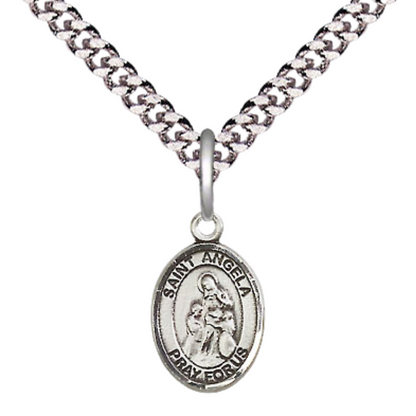Small Sized Men's Pewter Saint St. Angela Merici Medal Pendant on 24 Inch Endless Rhodium Plated Heavy Curb Brass Chain, Catholic Religious Necklace - Made in USA- Deluxe Velvet Gift Box