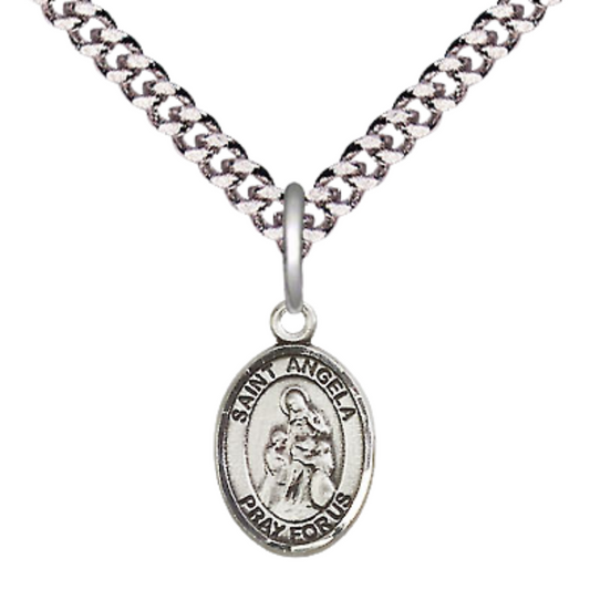 Small Sized Men's Pewter Saint St. Angela Merici Medal Pendant on 24 Inch Endless Rhodium Plated Heavy Curb Brass Chain, Catholic Religious Necklace - Made in USA- Deluxe Velvet Gift Box