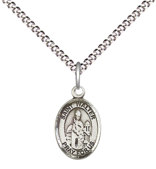 Small Sized Women's .925 Sterling Silver Saint St. Walter of Pontnoise Medal Pendant on 18 Inch Rhodium Plated Lite Curb Brass Chain with Lobster Claw Clasp, Catholic Religious Necklace - Made in USA- Velvet Gift Box