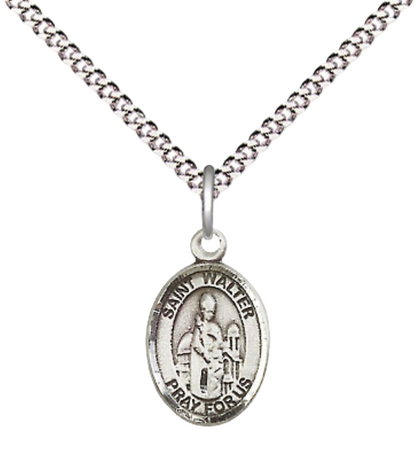 Small Sized Women's Pewter Saint St. Walter of Pontnoise Medal Pendant on 18 Inch Rhodium Plated Lite Curb Brass Chain with Lobster Claw Clasp, Catholic Religious Necklace - Made in USA- Velvet Gift Box