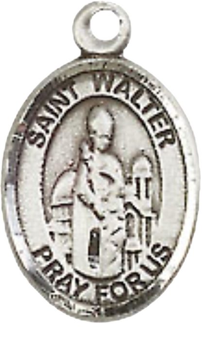 Small Sized Women's Pewter Saint St. Walter of Pontnoise Medal Pendant on 18 Inch Rhodium Plated Lite Curb Brass Chain with Lobster Claw Clasp, Catholic Religious Necklace - Made in USA- Velvet Gift Box