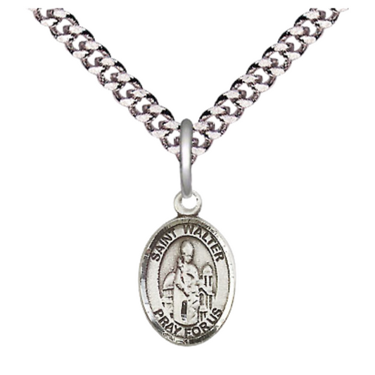 Small Sized Men's Pewter Saint St. Walter of Pontnoise Medal Pendant on 24 Inch Endless Rhodium Plated Heavy Curb Brass Chain, Catholic Religious Necklace - Made in USA- Deluxe Velvet Gift Box