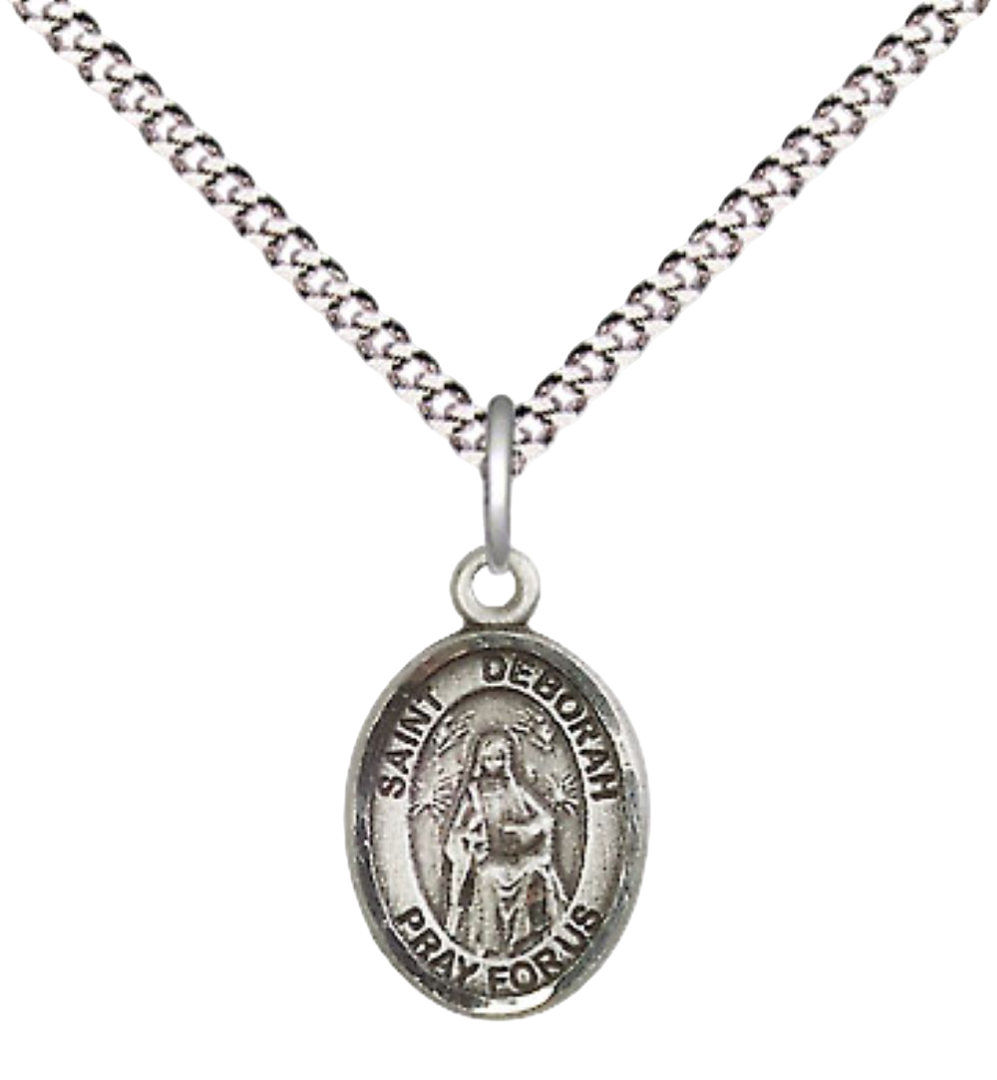 Small Sized Women's Pewter Saint St. Deborah Medal Pendant on 18 Inch Rhodium Plated Lite Curb Brass Chain with Lobster Claw Clasp, Catholic Religious Necklace - Made in USA- Velvet Gift Box