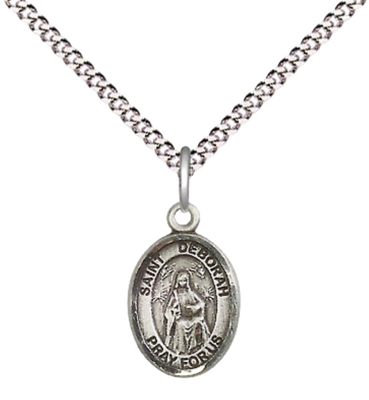 Small Sized Women's .925 Sterling Silver Saint Deborah Medal Pendant on 18 Inch Rhodium Plated Lite Curb Brass Chain with Lobster Claw Clasp, Catholic Religious Necklace - Made in USA- Velvet Gift Box