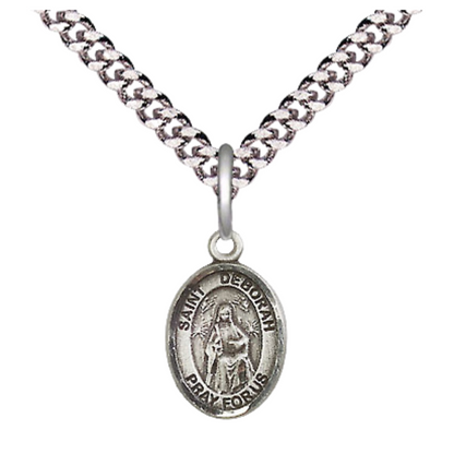 Small Sized Men's Pewter Saint St. Deborah Medal Pendant on 24 Inch Endless Rhodium Plated Heavy Curb Brass Chain, Catholic Religious Necklace - Made in USA- Deluxe Velvet Gift Box