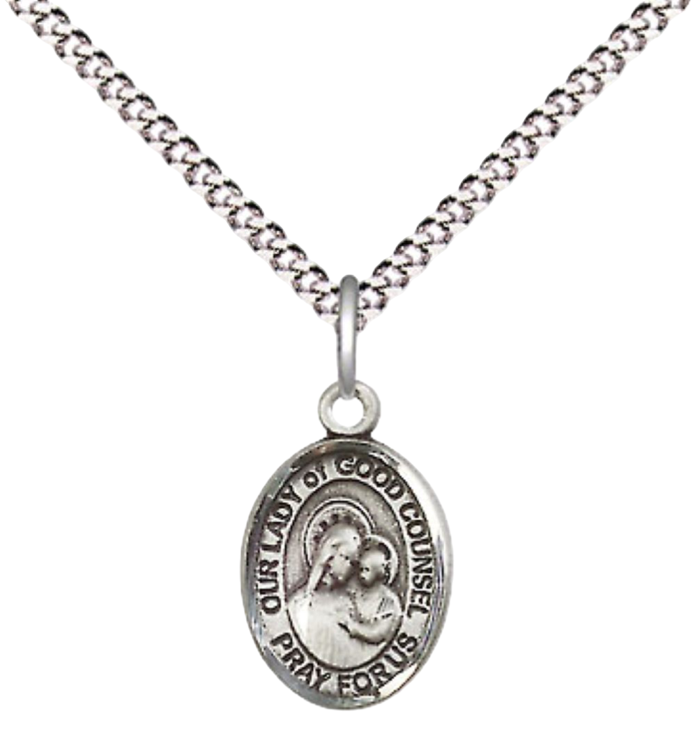 Small Sized Women's Pewter Our Lady of Good Counsel Medal Pendant on 18 Inch Rhodium Plated Lite Curb Brass Chain with Lobster Claw Clasp, Catholic Religious Necklace - Made in USA- Velvet Gift Box