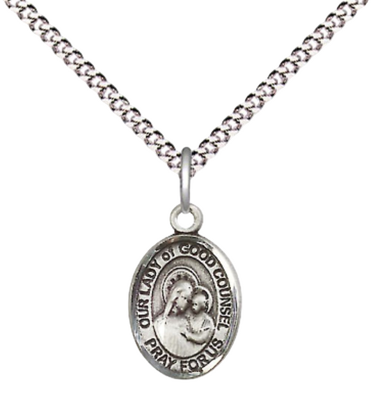 Small Sized Women's Pewter Our Lady of Good Counsel Medal Pendant on 18 Inch Rhodium Plated Lite Curb Brass Chain with Lobster Claw Clasp, Catholic Religious Necklace - Made in USA- Velvet Gift Box