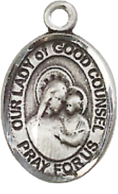 Small Sized Men's Pewter Our Lady of Good Counsel Medal Pendant on 24 Inch Endless Rhodium Plated Heavy Curb Brass Chain, Catholic Religious Necklace - Made in USA- Deluxe Velvet Gift Box