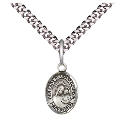 Small Sized Men's Pewter Our Lady of Good Counsel Medal Pendant on 24 Inch Endless Rhodium Plated Heavy Curb Brass Chain, Catholic Religious Necklace - Made in USA- Deluxe Velvet Gift Box