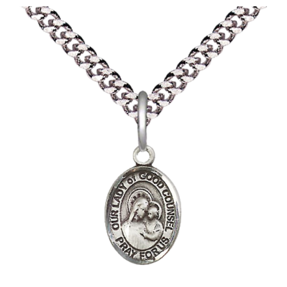 Small Sized Men's Pewter Our Lady of Good Counsel Medal Pendant on 24 Inch Endless Rhodium Plated Heavy Curb Brass Chain, Catholic Religious Necklace - Made in USA- Deluxe Velvet Gift Box