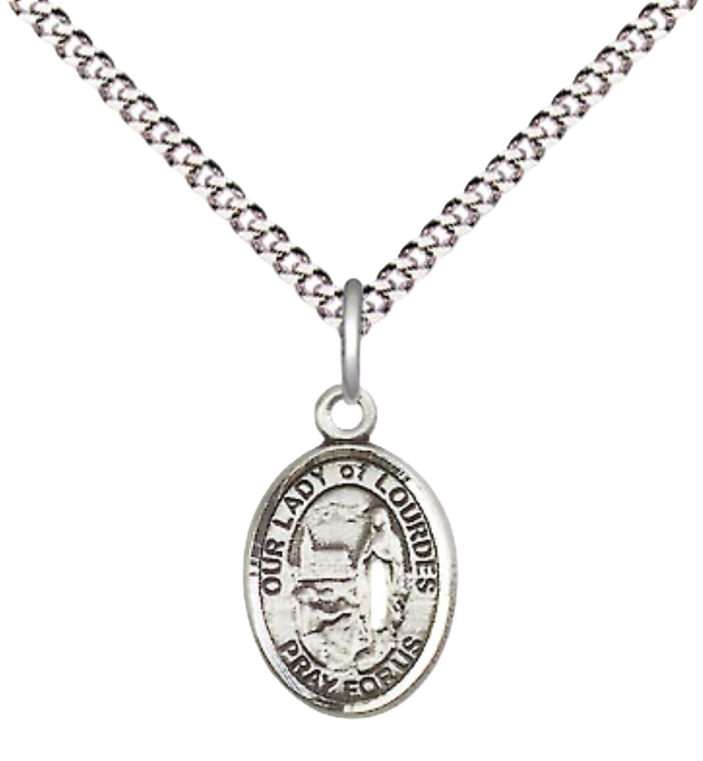 Small Sized Women's Pewter Our Lady of Lourdes Medal Pendant on 18 Inch Rhodium Plated Lite Curb Brass Chain with Lobster Claw Clasp, Catholic Religious Necklace - Made in USA- Velvet Gift Box