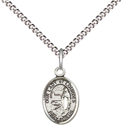 Small Sized Women's .925 Sterling Silver Our Lady of Lourdes Medal Pendant on 18 Inch Rhodium Plated Lite Curb Brass Chain with Lobster Claw Clasp, Catholic Religious Necklace - Made in USA- Velvet Gift Box