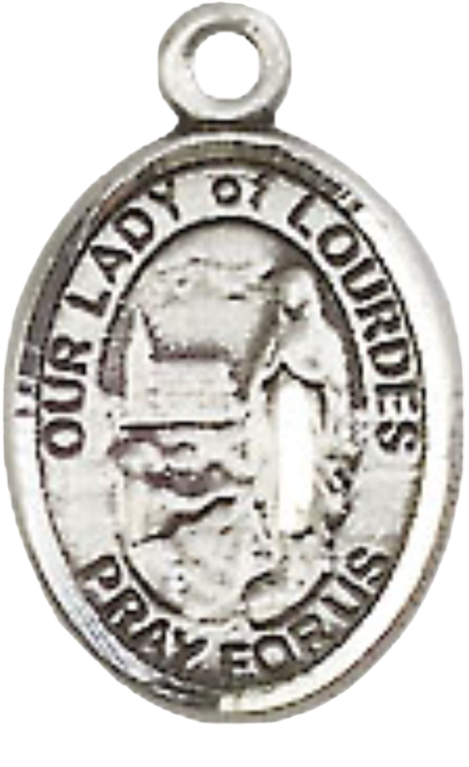 Small Sized Men's Pewter Our Lady of Lourdes Medal Pendant on 24 Inch Endless Rhodium Plated Heavy Curb Brass Chain, Catholic Religious Necklace - Made in USA- Deluxe Velvet Gift Box