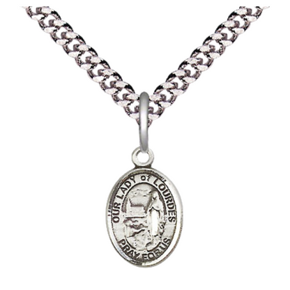 Small Sized Men's Pewter Our Lady of Lourdes Medal Pendant on 24 Inch Endless Rhodium Plated Heavy Curb Brass Chain, Catholic Religious Necklace - Made in USA- Deluxe Velvet Gift Box