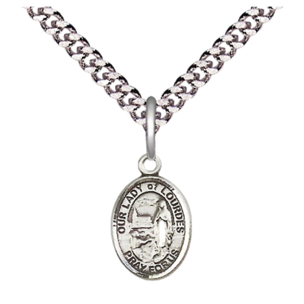Small Sized Men's Pewter Our Lady of Lourdes Medal Pendant on 24 Inch Endless Rhodium Plated Heavy Curb Brass Chain, Catholic Religious Necklace - Made in USA- Deluxe Velvet Gift Box