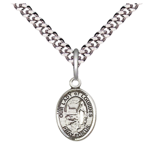 Small Sized Men's Pewter Our Lady of Lourdes Medal Pendant on 24 Inch Endless Rhodium Plated Heavy Curb Brass Chain, Catholic Religious Necklace - Made in USA- Deluxe Velvet Gift Box