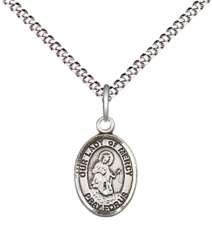 Small Sized Women's Pewter Our Lady of Mercy Medal Pendant on 18 Inch Rhodium Plated Lite Curb Brass Chain with Lobster Claw Clasp, Catholic Religious Necklace - Made in USA- Velvet Gift Box