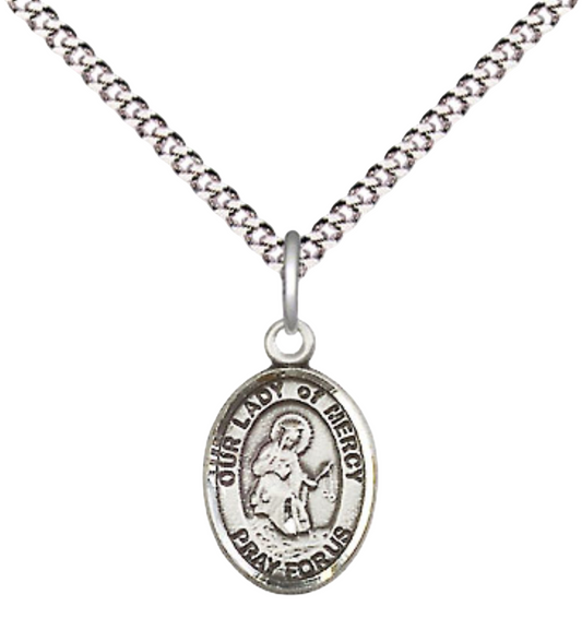 Small Sized Women's Pewter Our Lady of Mercy Medal Pendant on 18 Inch Rhodium Plated Lite Curb Brass Chain with Lobster Claw Clasp, Catholic Religious Necklace - Made in USA- Velvet Gift Box