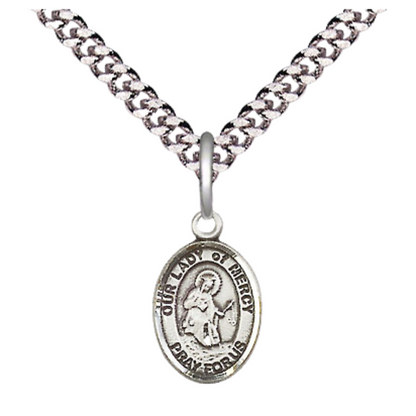 Small Sized Men's .925 Sterling Silver Our Lady of Mercy Medal Pendant on 24 Inch Endless Rhodium Plated Heavy Curb Brass Chain, Catholic Religious Necklace - Made in USA- Deluxe Velvet Gift Box