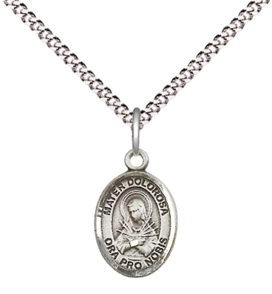 Small Sized Women's Pewter Mater Dolorosa Medal Pendant on 18 Inch Rhodium Plated Lite Curb Brass Chain with Lobster Claw Clasp, Catholic Religious Necklace - Made in USA- Velvet Gift Box
