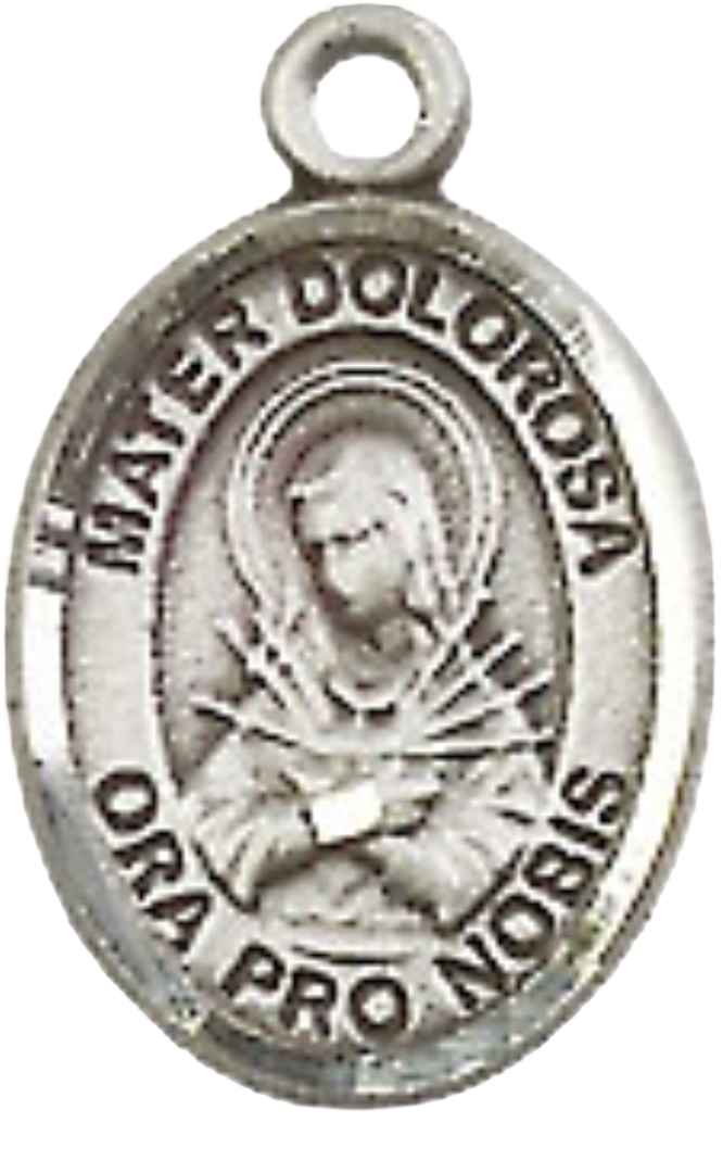 Small Sized Men's Pewter Mater Dolorosa Medal Pendant on 24 Inch Endless Rhodium Plated Heavy Curb Brass Chain, Catholic Religious Necklace - Made in USA- Deluxe Velvet Gift Box
