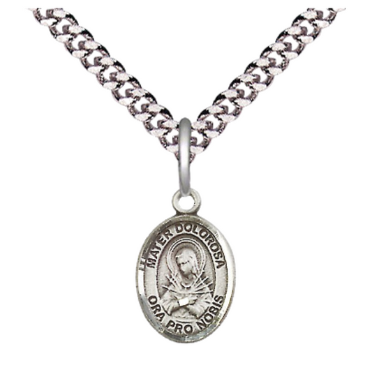 Small Sized Men's Pewter Mater Dolorosa Medal Pendant on 24 Inch Endless Rhodium Plated Heavy Curb Brass Chain, Catholic Religious Necklace - Made in USA- Deluxe Velvet Gift Box
