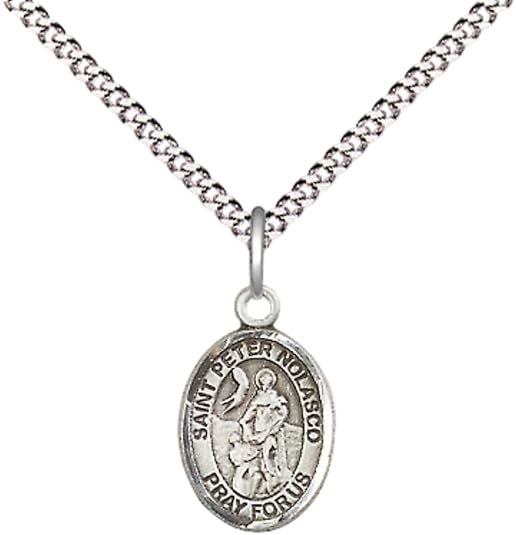 Small Sized Women's Pewter Saint St. Peter Nolasco Medal Pendant on 18 Inch Rhodium Plated Lite Curb Brass Chain with Lobster Claw Clasp, Catholic Religious Necklace - Made in USA- Velvet Gift Box