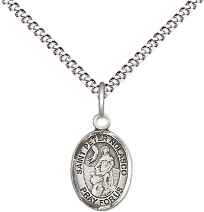 Small Sized Women's Pewter Saint St. Peter Nolasco Medal Pendant on 18 Inch Rhodium Plated Lite Curb Brass Chain with Lobster Claw Clasp, Catholic Religious Necklace - Made in USA- Velvet Gift Box