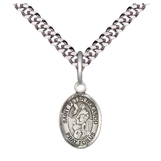 Small Sized Men's Pewter Saint St. Peter Nolasco Medal Pendant on 24 Inch Endless Rhodium Plated Heavy Curb Brass Chain, Catholic Religious Necklace - Made in USA- Deluxe Velvet Gift Box