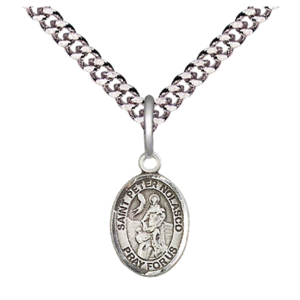 Small Sized Men's Pewter Saint St. Peter Nolasco Medal Pendant on 24 Inch Endless Rhodium Plated Heavy Curb Brass Chain, Catholic Religious Necklace - Made in USA- Deluxe Velvet Gift Box