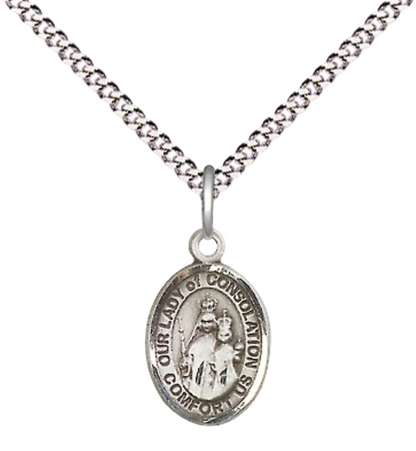 Small Sized Women's Pewter Our Lady of Consolation Medal Pendant on 18 Inch Rhodium Plated Lite Curb Brass Chain with Lobster Claw Clasp, Catholic Religious Necklace - Made in USA- Velvet Gift Box