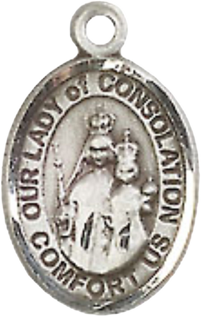 Small Sized Men's Pewter Our Lady of Consolation Medal Pendant on 24 Inch Endless Rhodium Plated Heavy Curb Brass Chain, Catholic Religious Necklace - Made in USA- Deluxe Velvet Gift Box